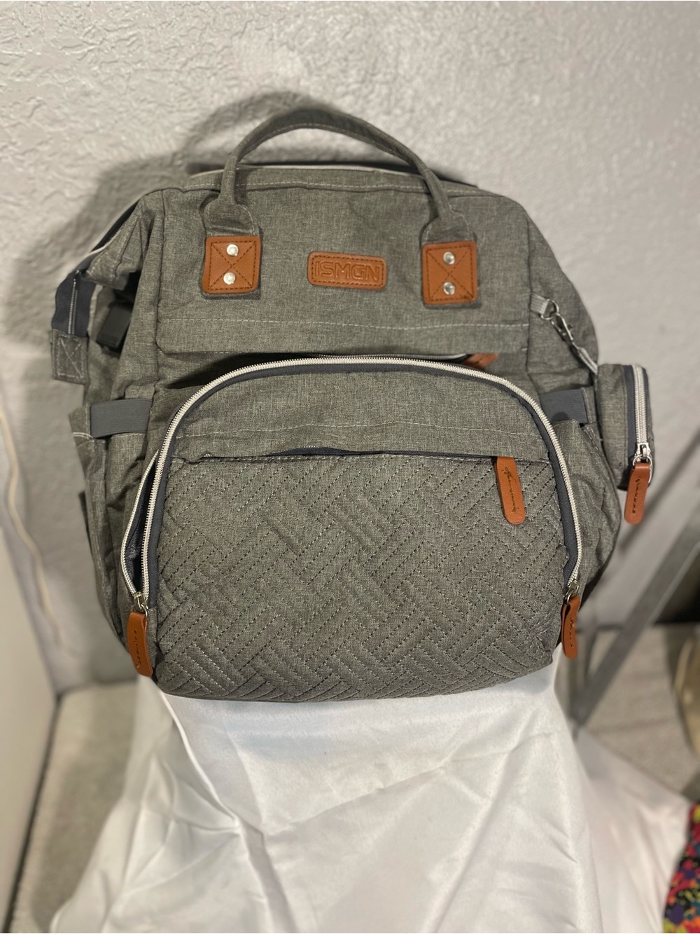 Gray Quilted Baby Diaper Backpack